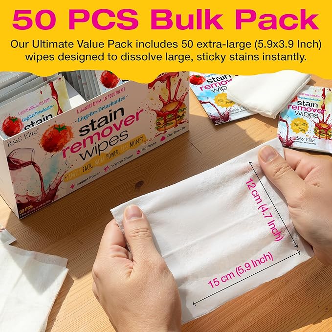 Stain Remover Wipes - 50 PCS Individually Wrapped – Instant Stain Remover for Clothes, Fabric & Jackets – Portable No-Rinse Cleaner for Travel, Purse & Diaper Bag – Removes Grease, Food & More