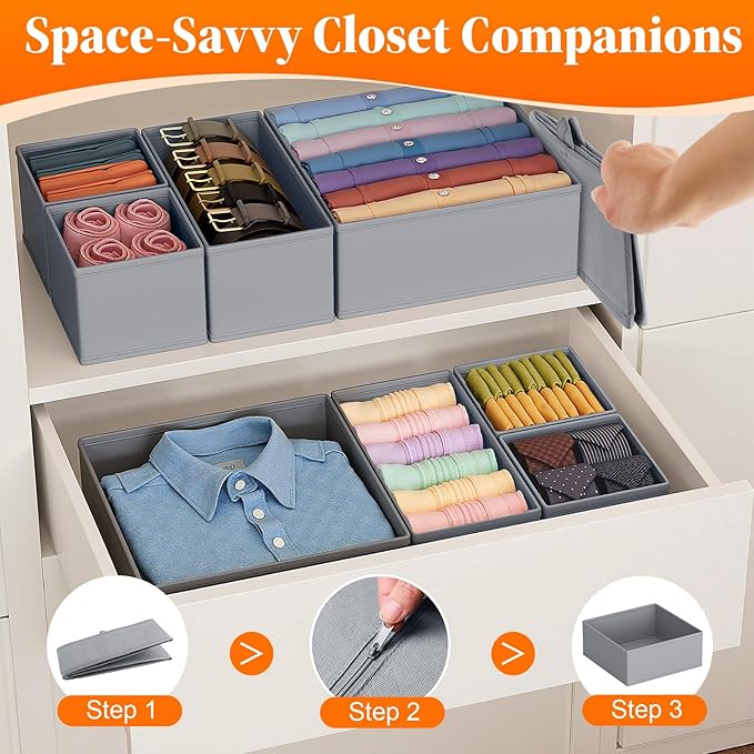 TasticTotes Drawer Organizer Clothes, 16 Pack Drawer Organizers and Underwear Organizer for Nursery, Dividers Clothes Organizer, Closet Organization and Foldable Storage Bins for Socks, Bra, Tie, Grey