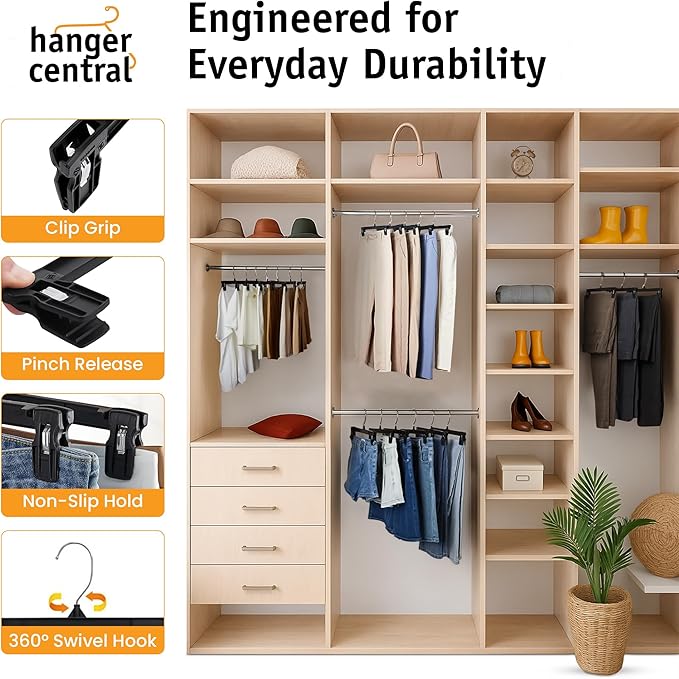 Hanger Central 30 Pack Pants Hangers – 10 Inch Slim Plastic Clothes Hangers with Clips for Skirts, Pants, Shorts – Heavy Duty Space Saving Non Slip Closet Organizer with Swivel Hook – Black