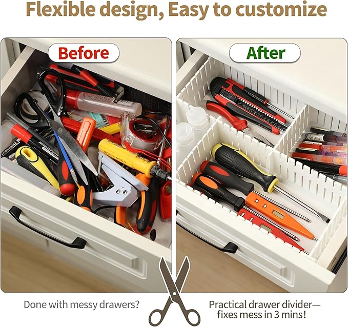Drawer Divider Adjustable Diy Storage Organizer Separator for Tidying Clutter Cutlery Makeup Clothes of Dresses, Desk & Box in Kitchen Bathroom Bedroom Office (Cut at Will) (White 8pcs)