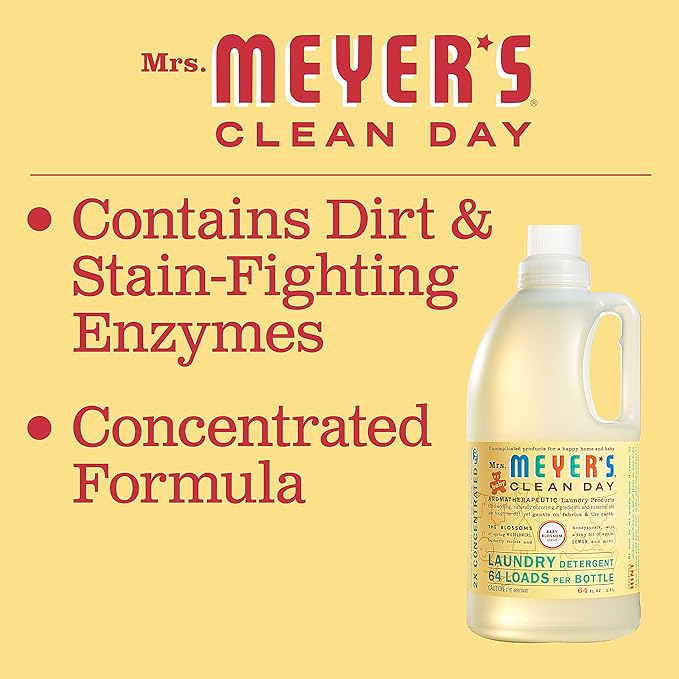 MRS. MEYER'S CLEAN DAY Baby Laundry Detergent Liquid, Infused with Essential Oils, Baby Blossom, 64oz - Pack of 2 (128 Loads)