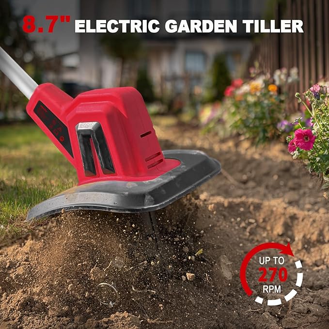 Cordless Tiller Cultivator Compatible with Milwaukee 18V Battery(Tool Only), Electric Garden Tiller w/270 RPM, 48 Steel Tines, 8.7" Tilling Width, 6.3" Depth, Portable Rotary Tiller