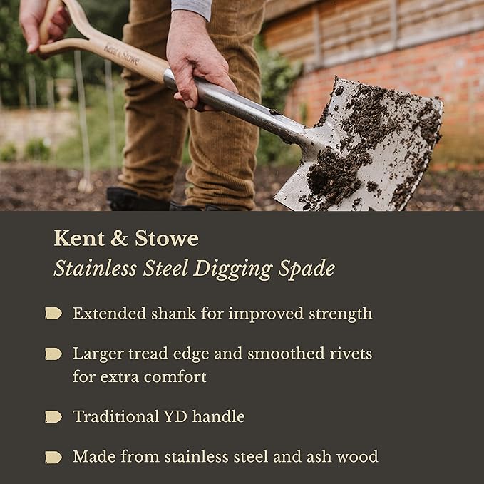 Kent & Stowe Stainless Steel Digging Spade, Traditionally-Styled Garden Spade with Extended Shank and Large Tred, All Year Round Garden Tools Made from Stainless Steel and Ash Wood
