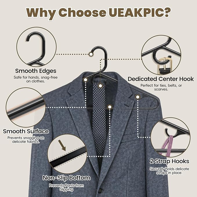 Black Plastic Hangers 18 Pack, Heavy Duty Clothes Hangers with Center Hook & Non-Slip Pants Bar for Standard Size Shirts, Pants, Coat, Dresses, Jackets, Scarves and Belts