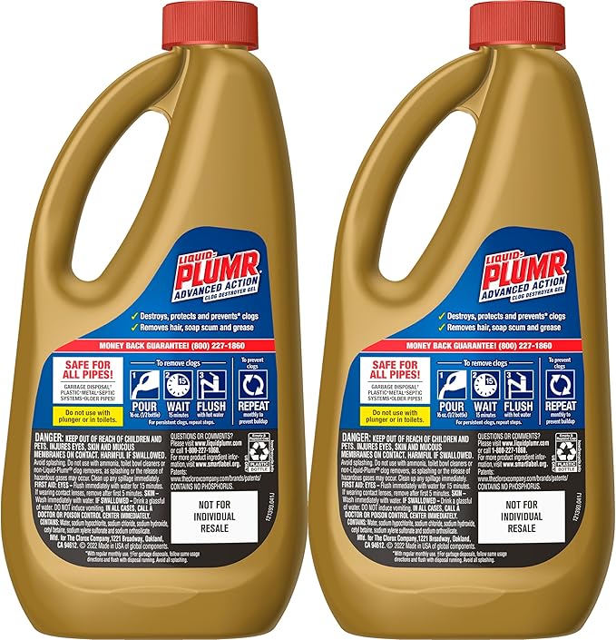 Clorox Liquid-Plumr Advanced Action Clog Destroyer Gel, Removes Multiple Types of Clogs including Hair, Deodorizes and Freshens, Safe for All Septic Systems and Pipes, 2 Bottles, 32 fl. oz. Bottle