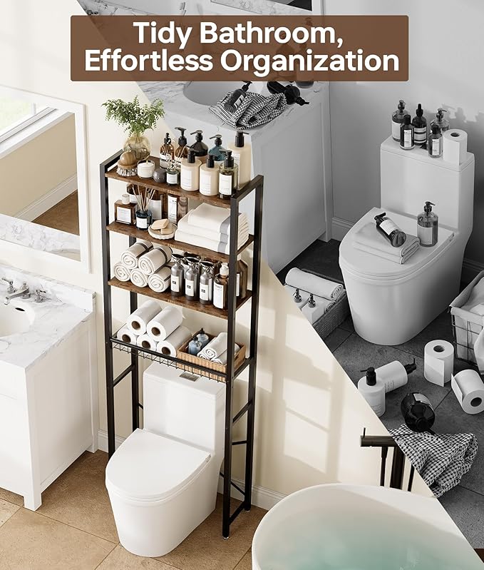 4-Tier Over-the-Toilet Storage Rack with One-Piece Wooden Shelves & Open Net Basket, Bathroom Organizer with Adjustable Feet & Anti-Tip Kit, Space-Saving Toilet Shelf, Brown, 24.4" x 9.4" x 69.3"
