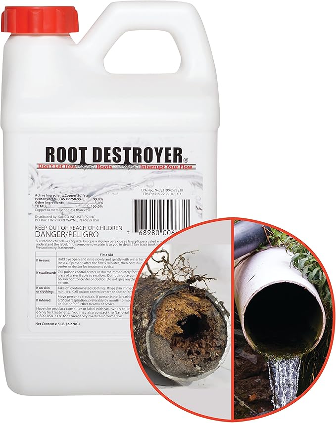 Root Destroyer - 5lbs - Root Killer for Sewer, Pipe & Drain Lines, Septic Tanks and Septic Systems - Stops New Growth & Safe for All Plumbing - Pure Copper Sulfate Crystals