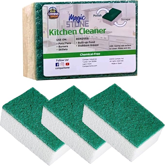 Compac Home Magic-Stone Kitchen Cleaner Scrub - 2-Sided Scouring Brick/Sponge, Easily Removes Stubborn Grime, Grease, Food from Oven Trays, Pans, Cookie Sheets, 4 Count