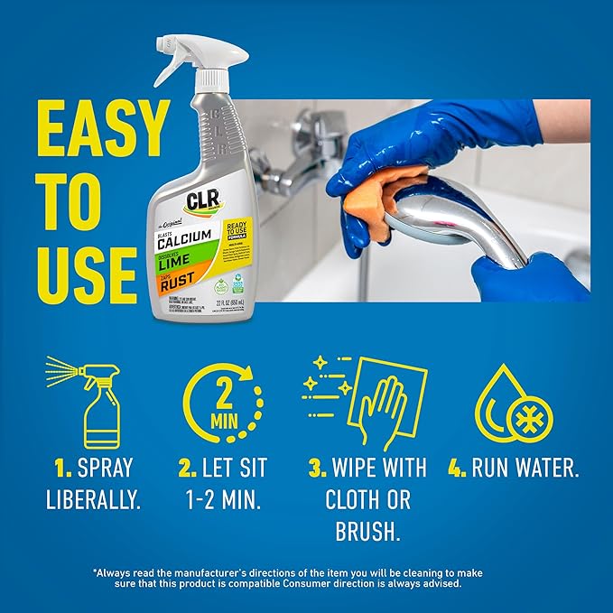 CLR Brands® Calcium, Lime & Rust Remover, Blasts Calcium, Dissolves Lime Deposits, Zaps Stubborn Rust Stains and Hard Water Deposits, 22 Ounce Spray Bottle (Pack of 1)