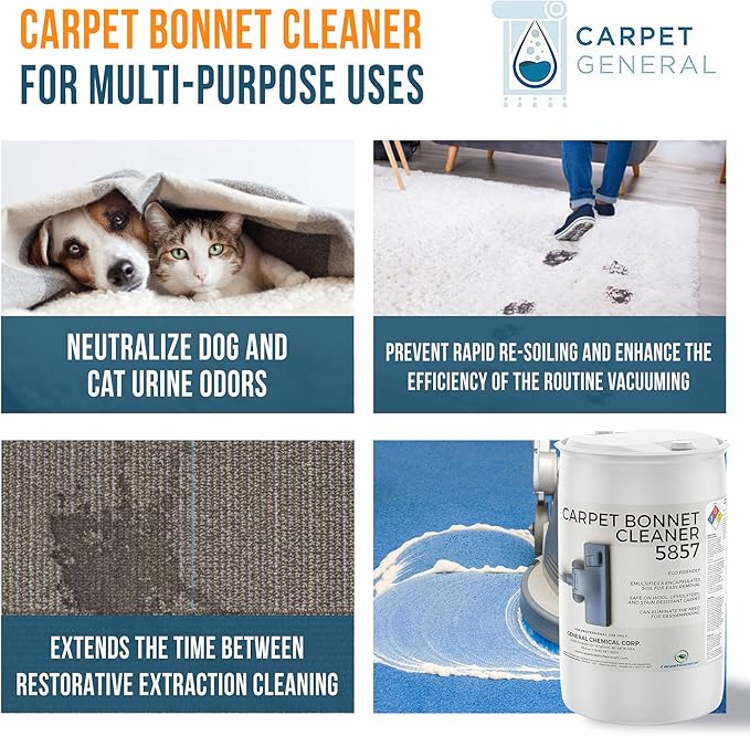 Bonnet Cleaner 5857 - Heavy Duty Shampoo Carpet Freshener Solution for Machine - Fast Drying & Pet Safe Carpet Shampoo for Rotary Cleaners, Commercial, & Industrial Use - 55 Gallon