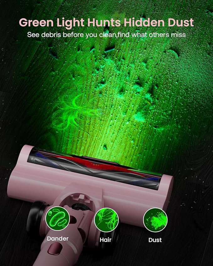 Cordless Vacuum Cleaner for Home, Upgraded 60Kpa Powerful Suction Pet Hair Vacuum with 70min Runtime, Green LED Light for Hardwood Floors & Carpet, Self-Standing Rechargeable Stick Vacuum, Light Pink