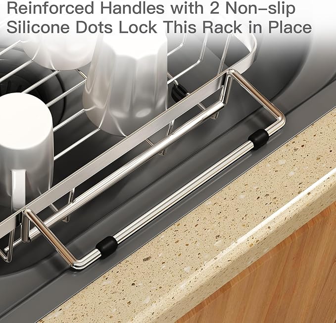 Small Expandable Over The Sink Dish Drying Rack Drainer In Stainless Steel Metal For Kitchen, Counter Space Saving Compact Above Plate Dryer Strainer, Adjustable Hanging Inside Sink Wire Drain Holder