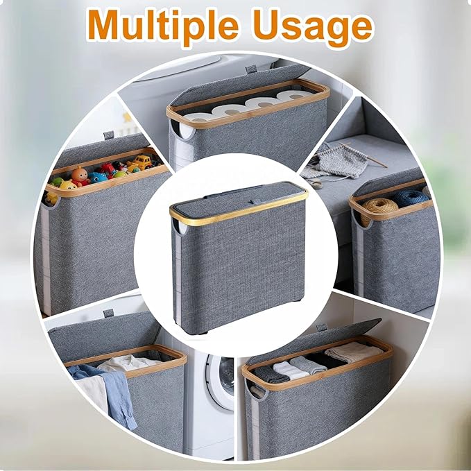 Toilet Paper Roll Storage, Bathroom Slim Toilet Paper Storage with Lid for 12 Rolls, Ultimate Bathroom Organizer with Anti-Slip Base, 17.8" x 6" x 13.8", Grey
