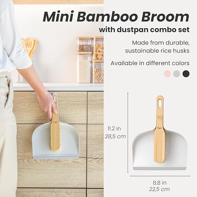 Vigar Zeroline Mini Bamboo Broom with Dustpan Combo Set, Small Dust Pan and Brush Set for Dust, Pet Hair, Car, and Crumb, House, Kitchen Broom, Gray