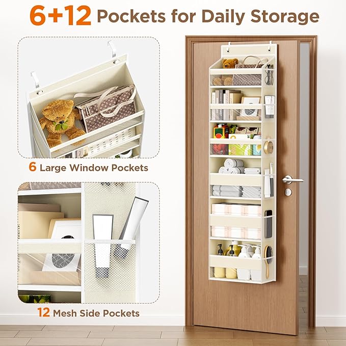 Mefirt Over The Door Organizer, 6 Shelf Door Hanging Organizers with 6 Large Capacity Pockets, Behind Door Storage Hanging Shelves for Closet Wall Bathroom Bedroom Nursery
