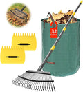 25-Tine Metal Leaf Rake Set with Adjustable Handle, 32-Gallon Bag & Leaf Scoops for Effortless Yard Cleanup, Heavy Duty Sturdy Garden Rake for Lawns, Backyard, Fall & Spring Cleaning 6FT