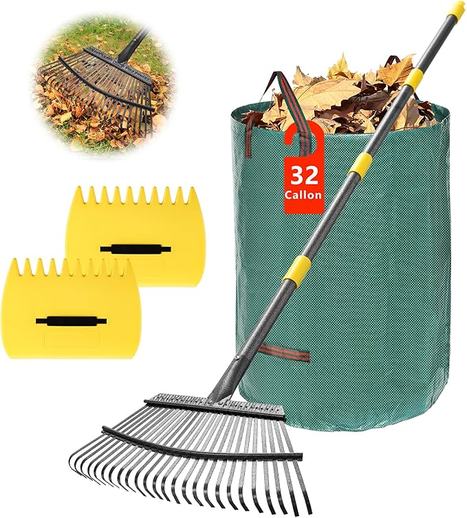 25-Tine Metal Leaf Rake Set with Adjustable Handle, 32-Gallon Bag & Leaf Scoops for Effortless Yard Cleanup, Heavy Duty Sturdy Garden Rake for Lawns, Backyard, Fall & Spring Cleaning 6FT