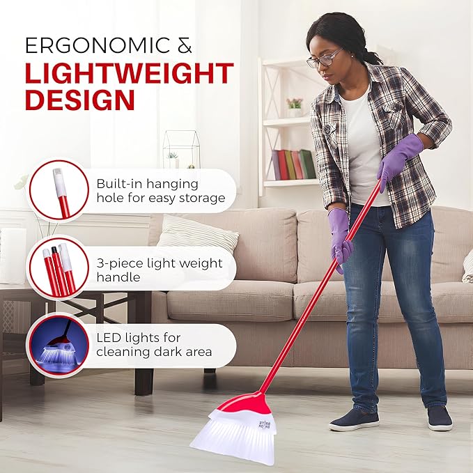 Indoor Broom with LED Lights | Angle Broom for Dark Corners & Low Light Areas | Soft Bristle, Adjustable Long Handle | Floor Sweeper for Kitchen, Room, Office & Garage (White)