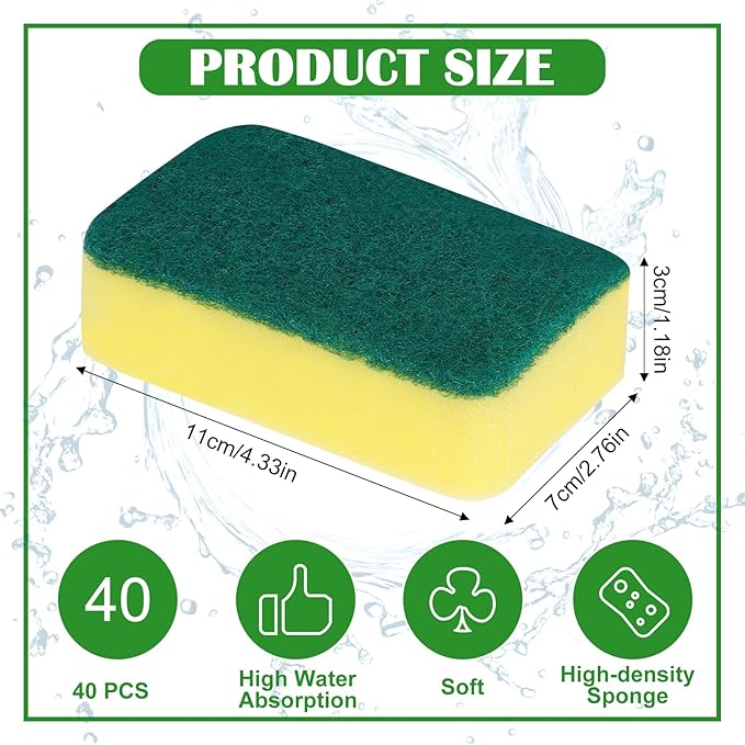 40 Pack Cleaning Sponges Kitchen High Density Dish Sponges Scrub Sponge Multi-Surface Cleaning Scrubber Pad, Durable Dishwashing Sponge Bulk Cleaning Supplies for Washing Dishes, Home, Bathroom, Car