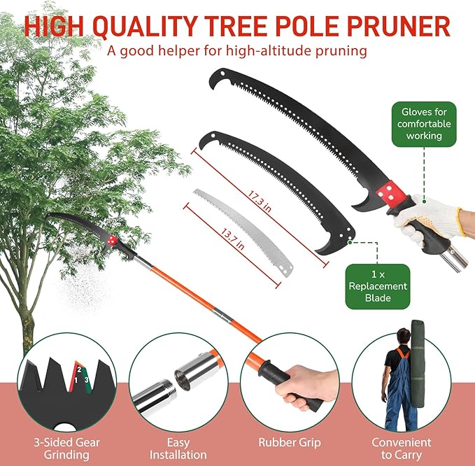 VINGLI Manual Pole Saw for Tree Trimming, 26 ft Extendable Tree Pruner, Sharp Steel Blade and Scissors, High Tree Branch Cutter with Lightweight 8 Fiberglass Long Handles, for Pruning Palms and Shrubs