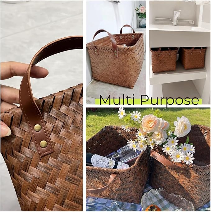 GIB Large Wicker Storage Baskets for Shelves Clothes Blankets Basket Woven Laundry Basket for Organizing, Decorative Rectangular Closet Organizers and Storage Bins with Handles, Brown, 4 Pack