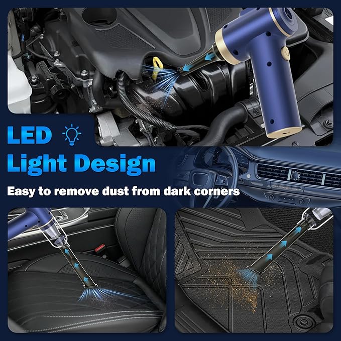Handheld Car Vacuum Cleaner, 2-in-1 Portable Mini Car Vacuum Cleaner,16000Pa High Power & Air Duster, Handheld Vacuum Cordless with LED Light and Multi-Nozzles for Car,Home,Office(black blue)