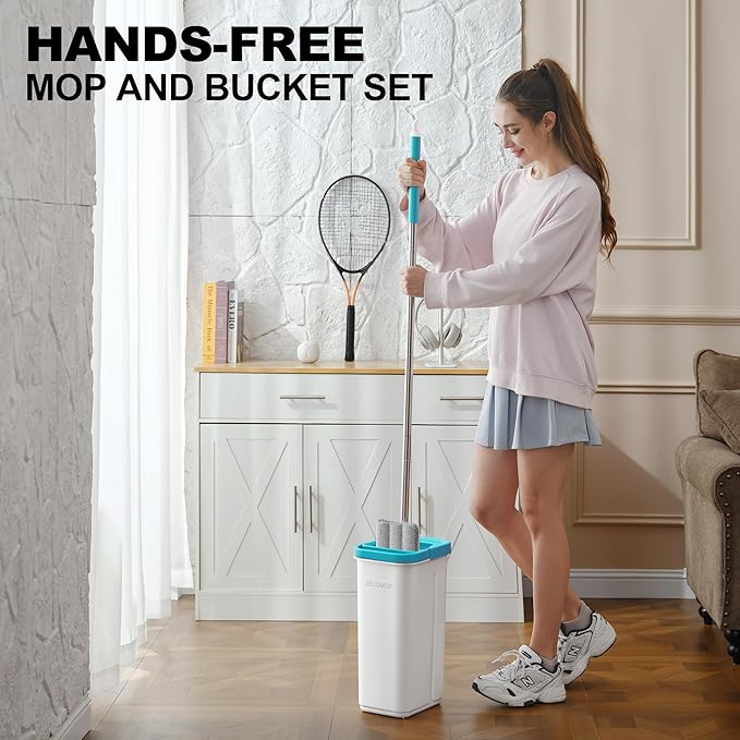 Mop and Bucket Set, Mops for Floor Cleaning Turquoise-Cyan, Wall Mop with Long Handle, Squeeze Flat Mop and Bucket System, Dry & Wet Dust Mop for Household Cleaning with 2 Microfiber Mops