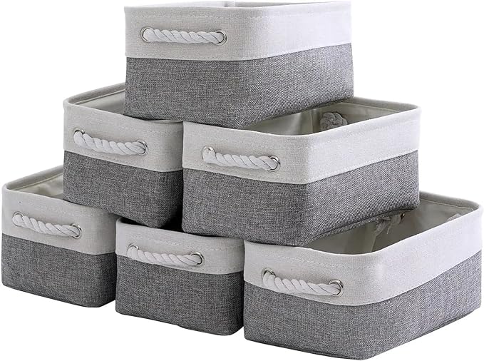 TcaFmac Small Storage Baskets for Shelf 6 Pack Canvas Storage Basket with Handles Fabric Storage Basket for Organizing Storage Bin (White and Grey, 12x8x5")