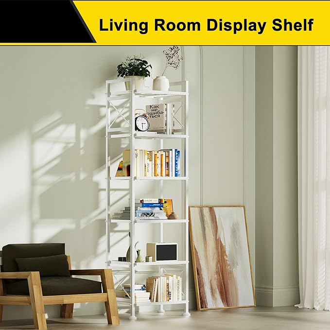 GIOTORENT Pantry Storage Shelves, 6-Tier Metal Storage Rack with X-Shaped Side Frame, Heavy-Duty Wire Shelf for Kitchen, Bathroom, Laundry Room, 120lb/Layer, White Standing Shelves
