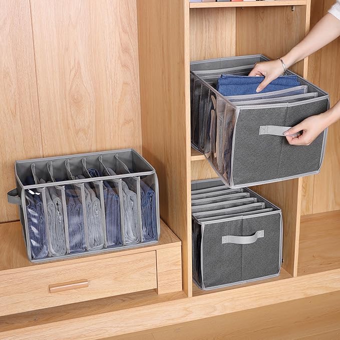 Zilink Upgraded Wardrobe Clothes Organizer with Support Board Clear Pant Organizer for Closet with 7 Grids Jeans Storage Organizer for Closet for Jean Pant Sweater Legging T-Shirt, 6 Pack