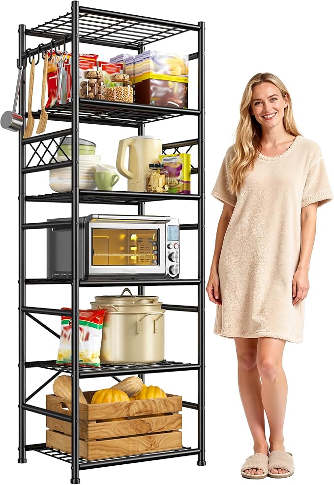 Metal Shelving 6-Tier Storage Shelves Unit with Hooks,Heavy Duty Garage Shelving with Leveling Feet,High Standing Shelf Organizer for Kitchen Pantry Bathroom Dorm,17.7”W×11.8”D ×72.2”H,Black
