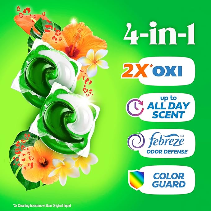 Gain Flings Laundry Detergent Pacs, 60 Count, Island Fresh Scent, with Odor Defense, concentrated laundry soap pacs
