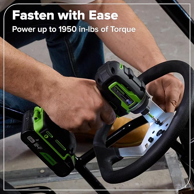Greenworks 24V Brushless Cordless Impact Driver (1950 in-lbs.), 1/4" Hex Collet, 2.0Ah USB-C Battery, 30W USB-C Charger & 3.3FT Braided Cable, Compatible with iPhone/iPad/Samsung & More