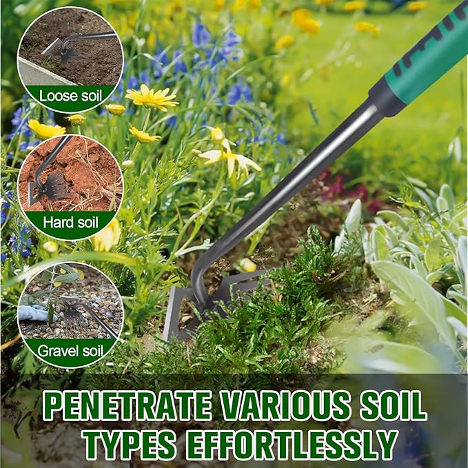 Garden Weeder Puller Tool, 6 Teeth Upgrade Weeding Artifact Uprooting Weed Tool, Manganese Steel Hand Weeder Tool, Dual Purpose Manual Weed Pulling Remover Tool with Rubber Handle