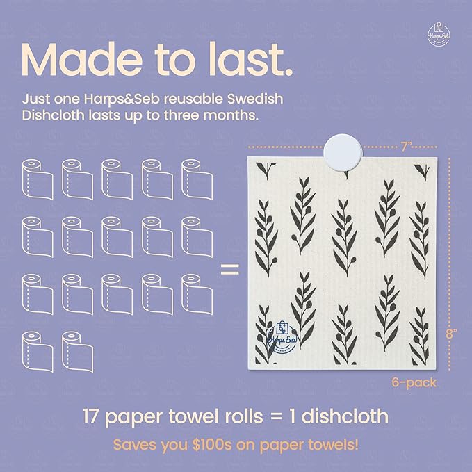 Harps&Seb Swedish Dishcloths for Kitchen Dishcloths - 6 Pack, Reusable Paper Towels with Clips, Super Absorbent Washable Non-Scratch Swedish Dish Towels, No Odor, Biodegradable
