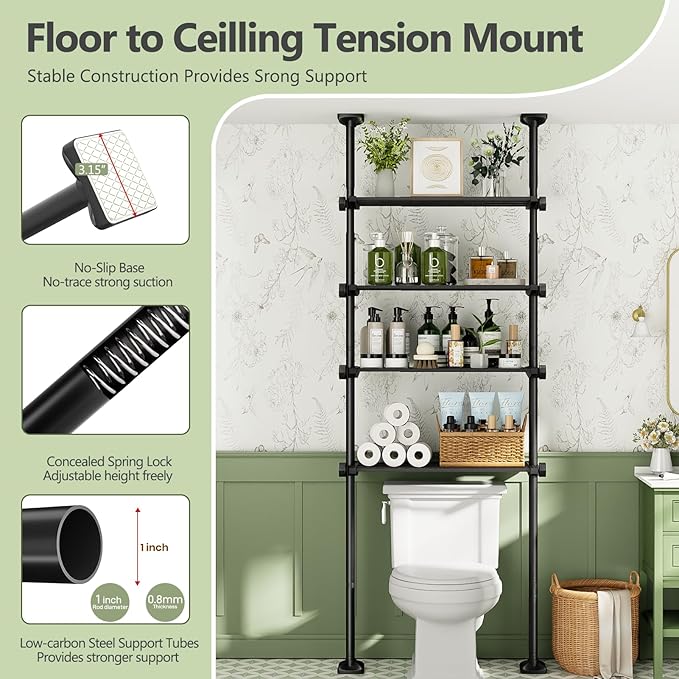 Bonpally Over The Toilet Storage Shelf, 4-Tier Adjustable Bathroom Organizer, No Drill Tension Mounted Shelves, Space-Saving Bathroom Cabinet Rack Above Toilet for Small Rooms, Black
