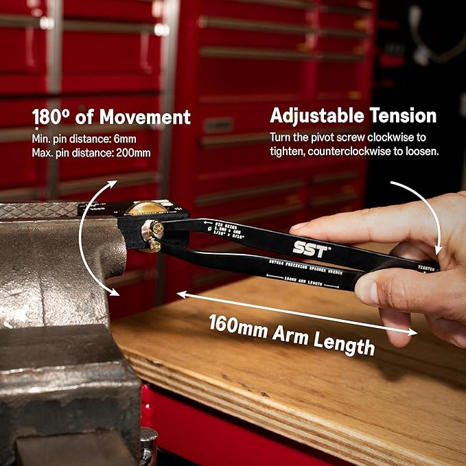 SST® - Precision Spanner Wrench – For Obscure Hardware & Fasteners – Includes 12 Metric & Imperial Steel Pin Sizes – Adjustable Tension – 160mm Arm – 180° Movement – With Storage Case