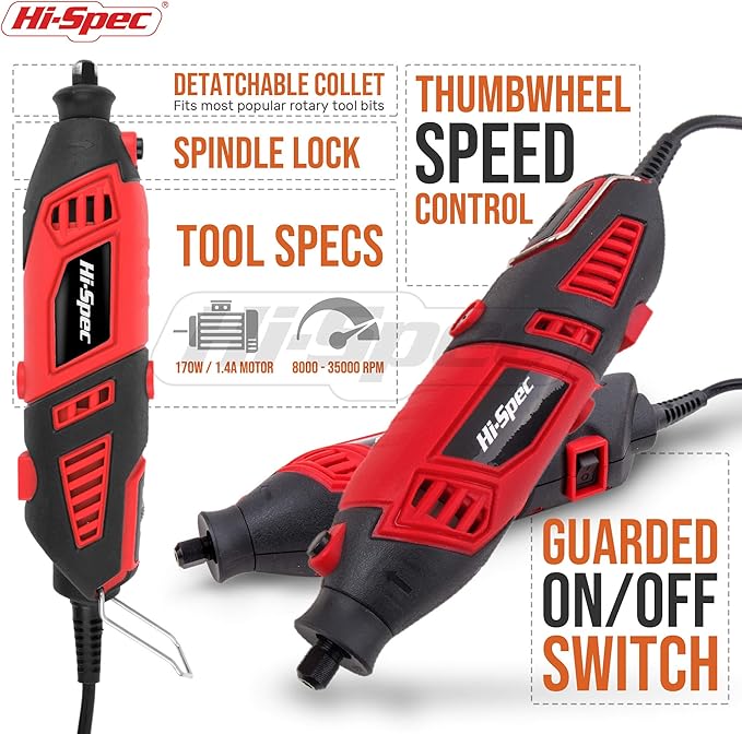 Hi-Spec Corded Power Rotary Tool Kit with Dremel Compatible Bits. Variable Speed Electric Metal Grinder Drill for Cutting, Trimming, Grinding, Engraving and Sanding