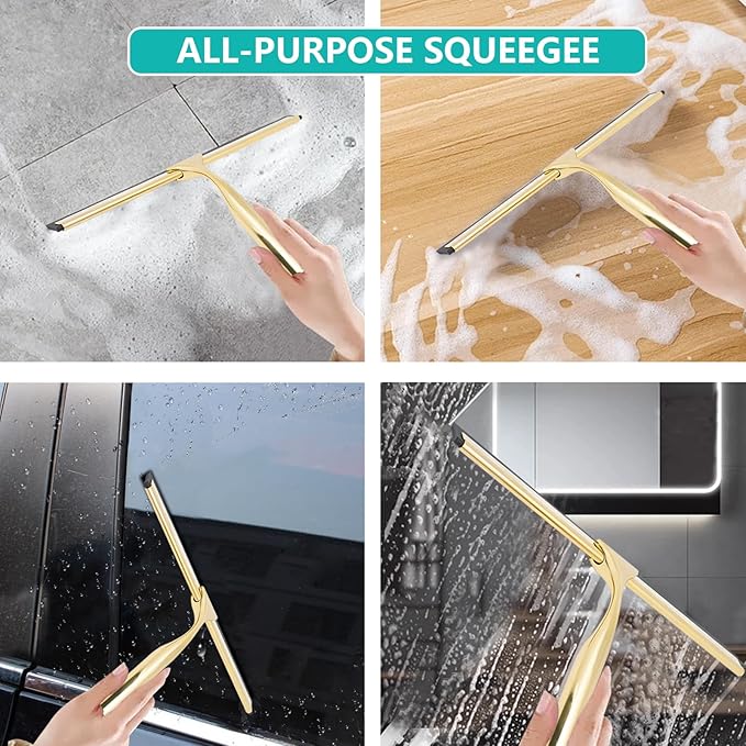 Shower Squeegee for Glass Doors,10 Inch Stainless Steel Squeegee for Shower Glass with Storage Hook, Shower Squeegee for Tile Shower Walls, Window Mirror Squeegee and Car Glass (Gold)