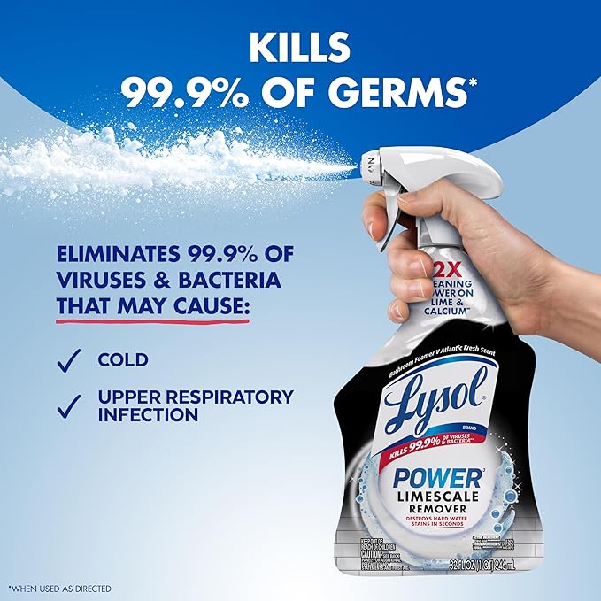 Lysol Power Limescale Remover Bathroom Cleaner Spray, Hard Water Stain Remover, Disinfecting Multipurpose Cleaner for Shower & Bathtub, Tough on Lime & Calcium, 0% Bleach, Atlantic Fresh Scent, 32oz