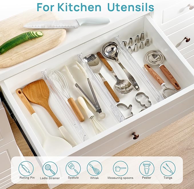 Vtopmart 12 Pack 2.36" Short Upgrade Drawer Dividers for Kitchen Drawer, 12.8"-22.3" Expandable Kitchen Drawer Organizer, Clear Plastic Organizer Separator for Flatware, Utensil, Cutlery, Underwear