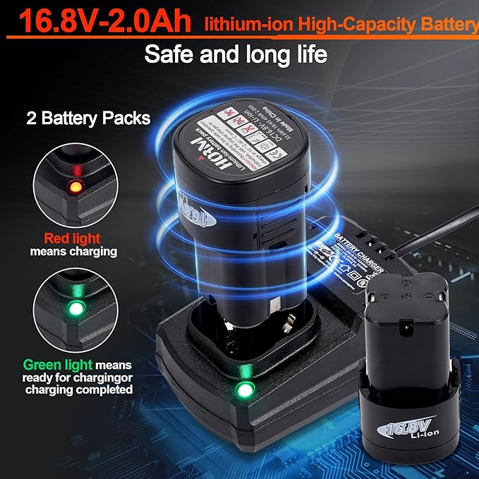 3/8" Cordless Electric Ratchet Wrench Set, 40 Ft-Lbs 16.8V Battery Power Ratchet Tool Kit with Variable Speed Trigger, 2 Packs 2.0Ah Battery, Charger, 7 Sockets