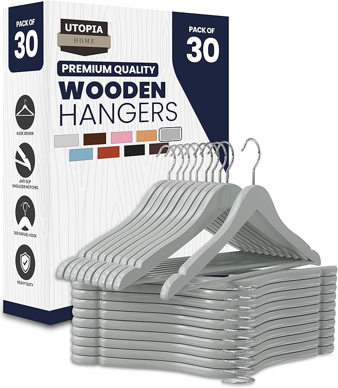 Utopia Home Premium Wooden Hangers 30 Pack - Durable & Slim Coat Hanger - Suit Hanger with 360-Degree Rotatable Hook - Wood Hangers with Shoulder Grooves (Grey Color)