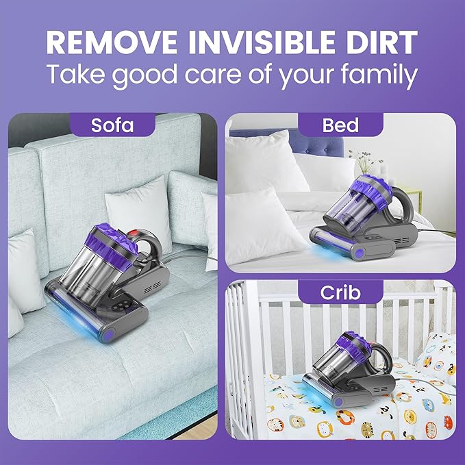 Mattress Vacuum Cleaner, Handheld Bed Vacuum Cleaner with 16Kpa Suction, 253.7nm UV-C Light, 149℉ Hot Air, Double-Cup Handheld Vacuums for Bed, Sofa, Couch, Crib (Corded, 550W)