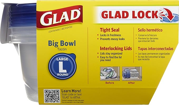 Glad GladWare Big Bowl Food Storage Containers with Lids, Large Round No BPA Plastic Containers for Soups, Salads, and Meal Prep, Lock Tight Seal, Microwave Dishwasher Safe, 48 Oz, 3 Count - 6 Pack