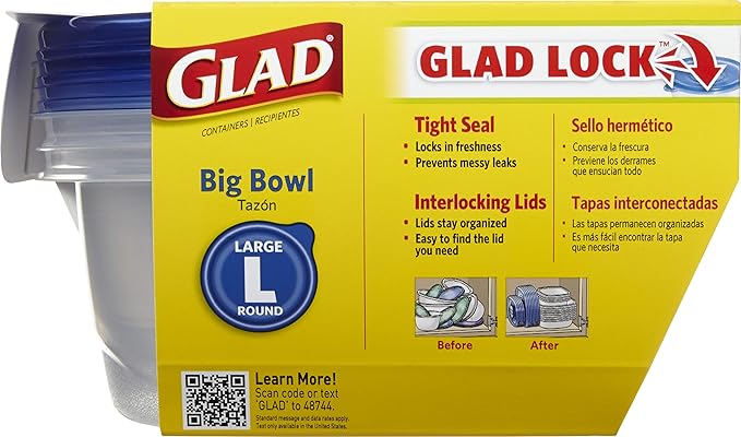 Glad GladWare Big Bowl Food Storage Containers with Lids, Large Round No BPA Plastic Containers for Soups, Salads, and Meal Prep, Lock Tight Seal, Microwave Dishwasher Safe, 48 Oz, 3 Count