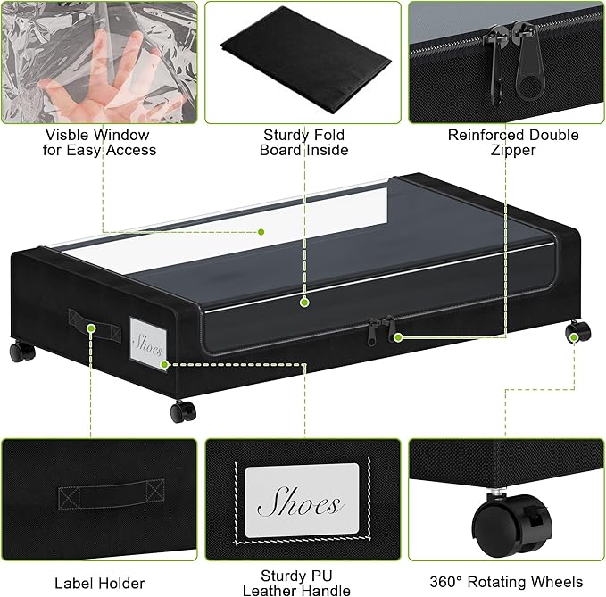 Tututry Under Bed Storage with Wheels, XXL 60L Under the Bed Storage Bins, Underbed Storage Containers with Lids & Label, Rolling Metal Drawer for Shoes, Clothes, Books, Toys (4-Pack Black)