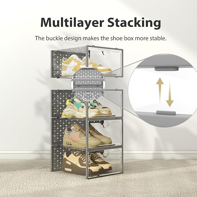 Pinkpum 12 Pack XXL Shoe Storage Box Fit for Size 14, Clear Plastic Stackable Shoe Organizer for Closet, Shoe Containers Sneaker Storage Clear and Grey