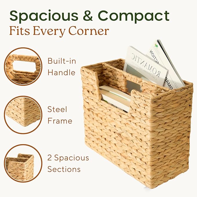 Wicker Magazine Basket, Handwoven Water Hyacinth Storage Bin & Organizer for Files, Books, Newspapers, Documents, Decorative Storage Bin with Handle for Office, Living Room, Dorm, Bathroom