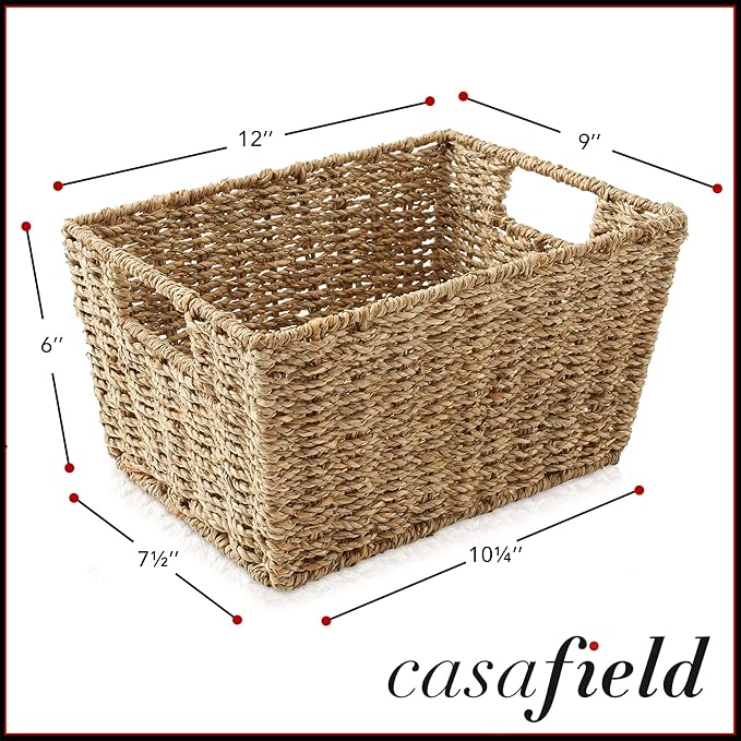 Casafield Set of 4 Seagrass Storage Baskets with Handles - Natural, Woven Rectangular Storage Bins for Shelves, Blankets, Laundry Organization